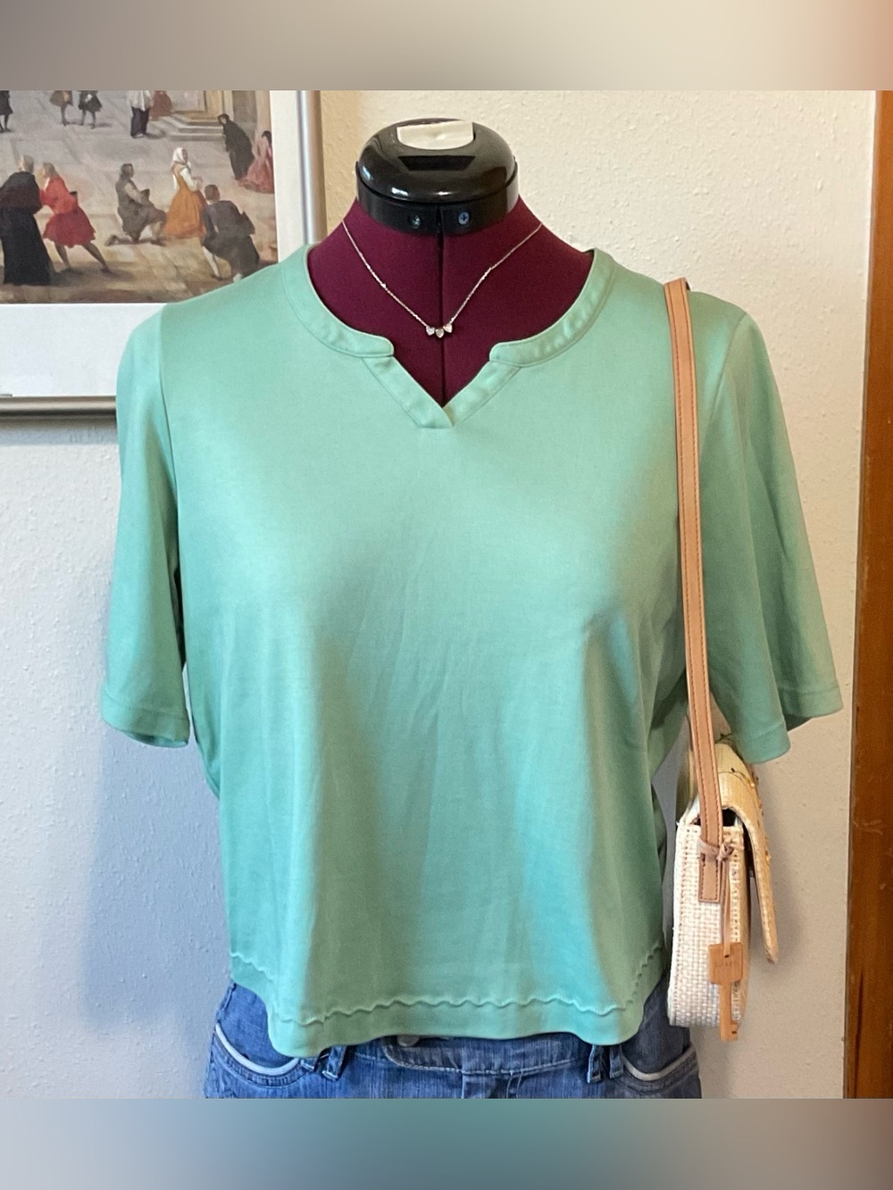 L.L Bean 100% Supima Cotton Women’s Green Short Sleeve Top with Wavy hemline